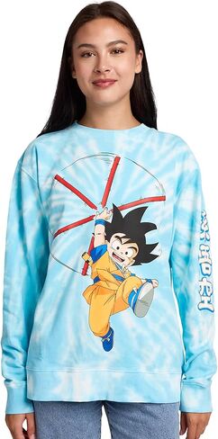 Bioworld Dragon Ball Daima Goku With Staff Women’s Blue Tie-Dye Crew Neck Long Sleeve Fleece Sweatshirt in Saudi Arabia