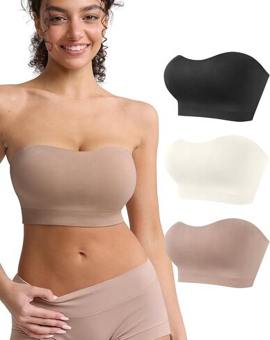 OceanDeer Strapless Bra Non-Slip Padded Bandeau Bra with Clear Straps Wireless Tube Top Full Coverage Bralette 3 Pack in Saudi Arabia