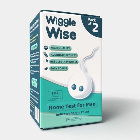 مجموعة اختبار الخصوبة Wiggle Wise للرجال - طقم اختبار منزلي لعدد الحيوانات المنوية لخصوبة الذكور - يُظهر تحليل السائل المنوي في المنزل عددًا طبيعيًا أو منخفضًا للحيوانات المنوية - سريع، خاص، وسهل الاستخدام - عبوة من قطعتين in Kuwait
