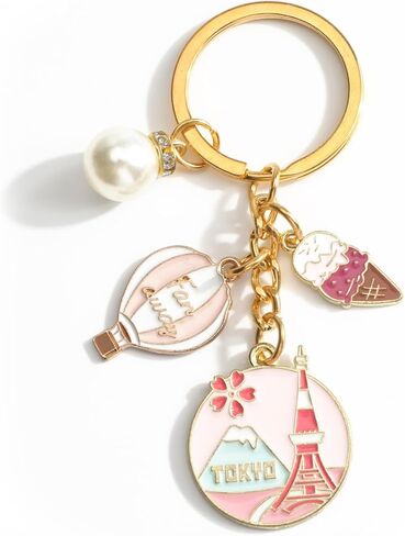SHTALHST Travel Keychain,World Tour Keychain with Pearl Charm for Keys,Tokyo London Paris Sydney Travel Souvenir for Women in Saudi Arabia