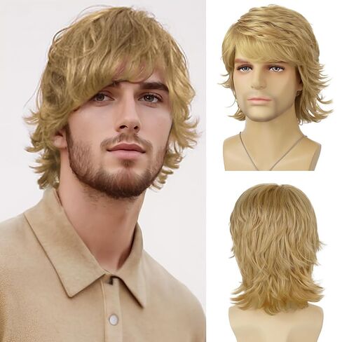 البني البني بني قصير الطبقات الطبيعية متموجة متموجة مقاومة للحرارة شعر مستعار الذكور الرجل اليومية حفلة الهالوين in Kuwait