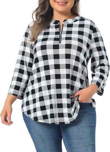 Agnes Orinda Plus Size Tops for Women 3/4 Sleeve Zip Up Floral Print V Neck Casual Pullover Blouses Tops in Kuwait