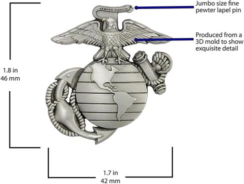 Indiana Metal Craft EGA Solid Pewter Jumbo Size Lapel, Jacket, or Hat Pin Heirloom Quality, Licensed Marine product, Perfect Marine Corps Gift, Made in USA in Saudi Arabia