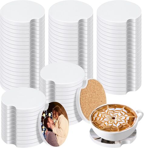 Guiqulai 32 PCS Ceramic Car Sublimation Blanks Cupholders,Absorbent Ceramic Sublimation Coasters Blanks with Finger Notch,2.6'' Ceramic Stone Car Cup Coasters with Cork Back for Keeping Drink Spill in Kuwait