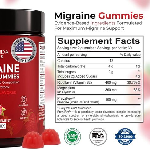 علكة Veralinda Migraine - تركيبة البروتوكول الثلاثي الأصلية، 60 علكة مع المغنيسيوم والريبوفلافين B2 والحمى - مكمل طبيعي لصحة الدماغ لدعم صحة الصداع النصفي للنساء والرجال in Kuwait