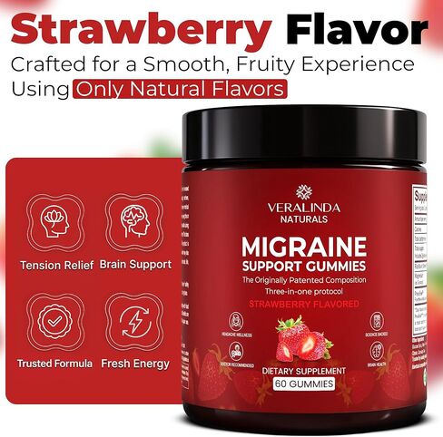 علكة Veralinda Migraine - تركيبة البروتوكول الثلاثي الأصلية، 60 علكة مع المغنيسيوم والريبوفلافين B2 والحمى - مكمل طبيعي لصحة الدماغ لدعم صحة الصداع النصفي للنساء والرجال in Kuwait
