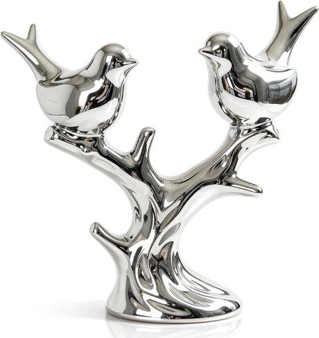Jubiluxor Silver Ceramic Bird Statue, Mirror Chrome Finish, Two Lovebirds on Branch, 7-Inch Mantel & Bookshelf Decor, Modern Home Sculpture, Housewarming Wedding in Saudi Arabia