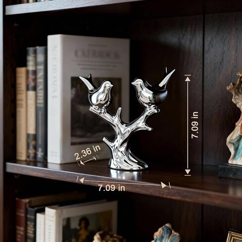 Jubiluxor Silver Ceramic Bird Statue, Mirror Chrome Finish, Two Lovebirds on Branch, 7-Inch Mantel & Bookshelf Decor, Modern Home Sculpture, Housewarming Wedding in Saudi Arabia