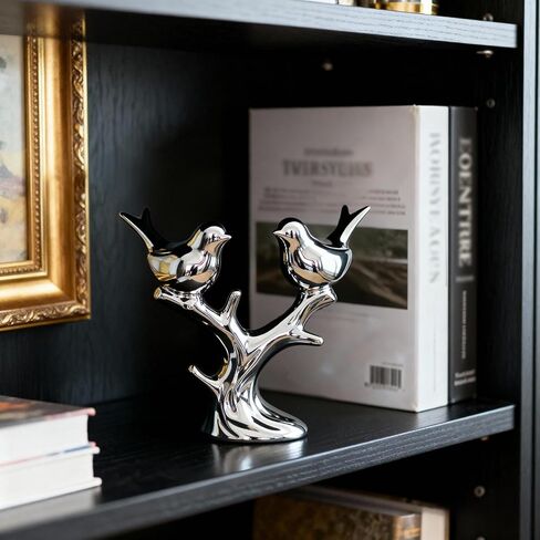 Jubiluxor Silver Ceramic Bird Statue, Mirror Chrome Finish, Two Lovebirds on Branch, 7-Inch Mantel & Bookshelf Decor, Modern Home Sculpture, Housewarming Wedding in Saudi Arabia