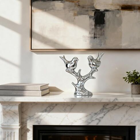Jubiluxor Silver Ceramic Bird Statue, Mirror Chrome Finish, Two Lovebirds on Branch, 7-Inch Mantel & Bookshelf Decor, Modern Home Sculpture, Housewarming Wedding in Saudi Arabia