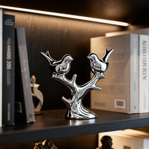 Jubiluxor Silver Ceramic Bird Statue, Mirror Chrome Finish, Two Lovebirds on Branch, 7-Inch Mantel & Bookshelf Decor, Modern Home Sculpture, Housewarming Wedding in Saudi Arabia