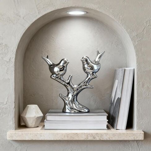 Jubiluxor Silver Ceramic Bird Statue, Mirror Chrome Finish, Two Lovebirds on Branch, 7-Inch Mantel & Bookshelf Decor, Modern Home Sculpture, Housewarming Wedding in Saudi Arabia
