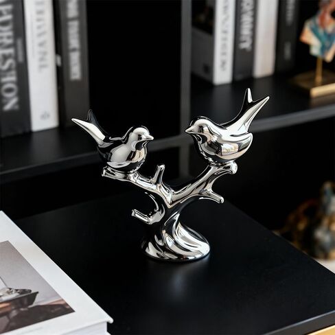 Jubiluxor Silver Ceramic Bird Statue, Mirror Chrome Finish, Two Lovebirds on Branch, 7-Inch Mantel & Bookshelf Decor, Modern Home Sculpture, Housewarming Wedding in Saudi Arabia