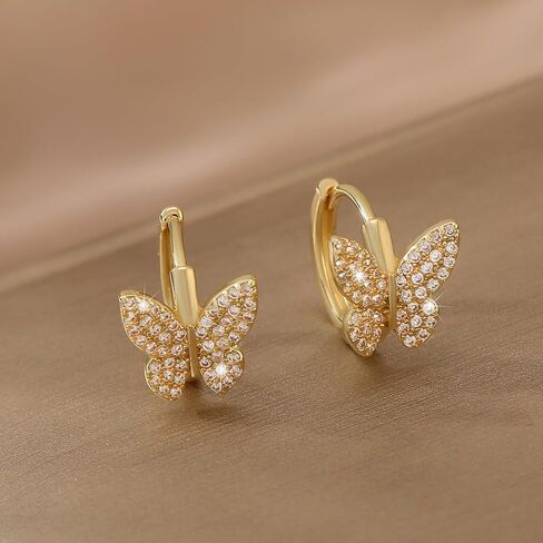 Sparkly Crystal Butterfly Small Huggie Hoop Earrings for Women Gold-Tone Plated Cartilage Fashion Dainty Cubic Zirconia Wedding Statement Animal Hoops Hypoallergenic Simple Hooped Jewelry in Saudi Arabia