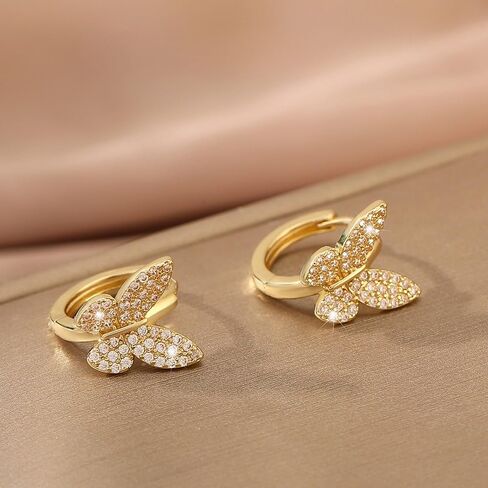 Sparkly Crystal Butterfly Small Huggie Hoop Earrings for Women Gold-Tone Plated Cartilage Fashion Dainty Cubic Zirconia Wedding Statement Animal Hoops Hypoallergenic Simple Hooped Jewelry in Saudi Arabia