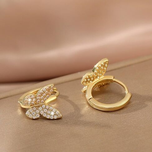 Sparkly Crystal Butterfly Small Huggie Hoop Earrings for Women Gold-Tone Plated Cartilage Fashion Dainty Cubic Zirconia Wedding Statement Animal Hoops Hypoallergenic Simple Hooped Jewelry in Saudi Arabia