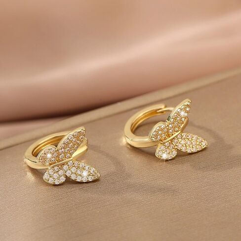 Sparkly Crystal Butterfly Small Huggie Hoop Earrings for Women Gold-Tone Plated Cartilage Fashion Dainty Cubic Zirconia Wedding Statement Animal Hoops Hypoallergenic Simple Hooped Jewelry in Saudi Arabia