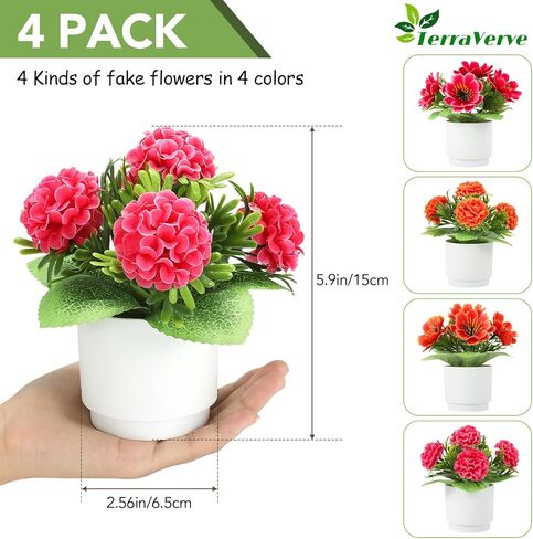 مجموعة نباتات TerraVerve الاصطناعية المكونة من 4 قطع، زهور صناعية عالية التصنيف | زهور حرير حمراء للمنزل والمكتب وغرفة النوم وديكور طاولة الحمام والهدايا للنساء والأطفال in Saudi Arabia