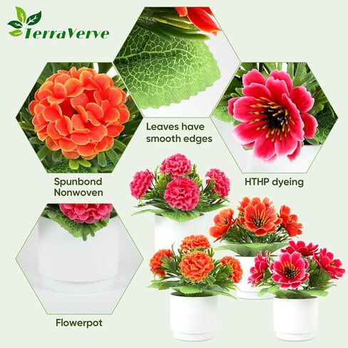 مجموعة نباتات TerraVerve الاصطناعية المكونة من 4 قطع، زهور صناعية عالية التصنيف | زهور حرير حمراء للمنزل والمكتب وغرفة النوم وديكور طاولة الحمام والهدايا للنساء والأطفال in Saudi Arabia