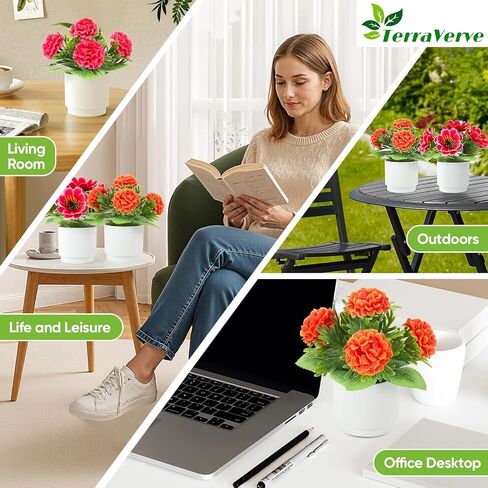 مجموعة نباتات TerraVerve الاصطناعية المكونة من 4 قطع، زهور صناعية عالية التصنيف | زهور حرير حمراء للمنزل والمكتب وغرفة النوم وديكور طاولة الحمام والهدايا للنساء والأطفال in Saudi Arabia