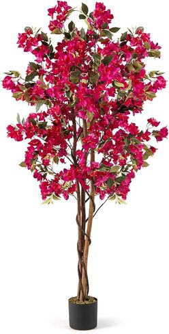 Goplus 6 FT Bougainvillea Artificial Tree, Faux Flower Tree in Pot with 910 Flowers, 105 Leaves, Real Wood Trunk, Tall Fake Floor Plant, Artificial Plants for Indoor Bedroom Living Room Decor in Saudi Arabia