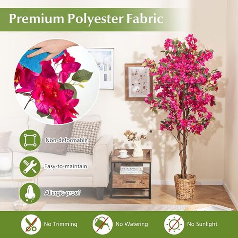 Goplus 6 FT Bougainvillea Artificial Tree, Faux Flower Tree in Pot with 910 Flowers, 105 Leaves, Real Wood Trunk, Tall Fake Floor Plant, Artificial Plants for Indoor Bedroom Living Room Decor in Saudi Arabia