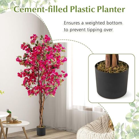 Goplus 6 FT Bougainvillea Artificial Tree, Faux Flower Tree in Pot with 910 Flowers, 105 Leaves, Real Wood Trunk, Tall Fake Floor Plant, Artificial Plants for Indoor Bedroom Living Room Decor in Saudi Arabia