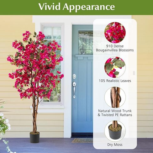 Goplus 6 FT Bougainvillea Artificial Tree, Faux Flower Tree in Pot with 910 Flowers, 105 Leaves, Real Wood Trunk, Tall Fake Floor Plant, Artificial Plants for Indoor Bedroom Living Room Decor in Saudi Arabia