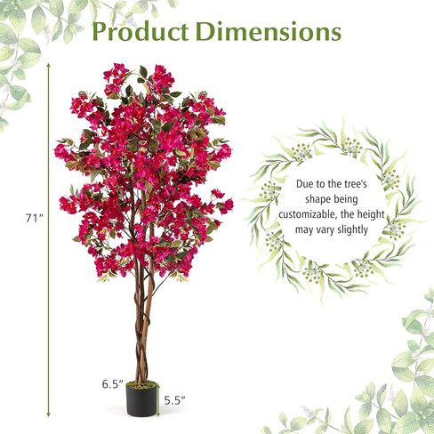Goplus 6 FT Bougainvillea Artificial Tree, Faux Flower Tree in Pot with 910 Flowers, 105 Leaves, Real Wood Trunk, Tall Fake Floor Plant, Artificial Plants for Indoor Bedroom Living Room Decor in Saudi Arabia