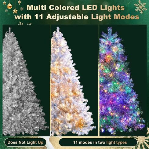 شجرة عيد الميلاد الاصطناعية الفضية المضاءة مسبقًا بطول 6 أقدام مع أضواء، 300 مصباح LED و11 وضع إضاءة، زينة عطلة مفصلية شجرة عيد الميلاد كاملة مع حامل معدني و800 طرف فرع للداخلية والخارجية in Kuwait