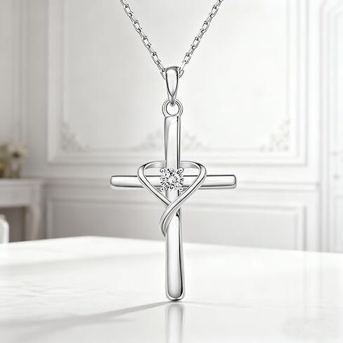 Women's 925 Sterling Silver Cross Necklace, Heart Cubic Zirconia Pendant Necklaces in Saudi Arabia