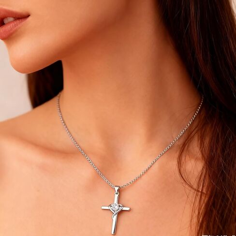 Women's 925 Sterling Silver Cross Necklace, Heart Cubic Zirconia Pendant Necklaces in Saudi Arabia
