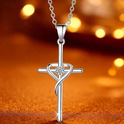 Women's 925 Sterling Silver Cross Necklace, Heart Cubic Zirconia Pendant Necklaces in Saudi Arabia