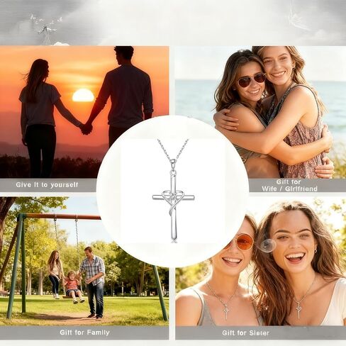 Women's 925 Sterling Silver Cross Necklace, Heart Cubic Zirconia Pendant Necklaces in Saudi Arabia