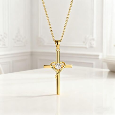 Women's 925 Sterling Silver Cross Necklace, Heart Cubic Zirconia Pendant Necklaces in Saudi Arabia