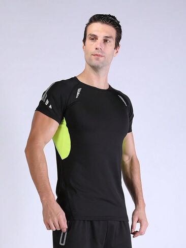 Men's Black & Neon Green Panel Athletic Fitted Short - Sleeve T - Shirt (Fitness Workout Tee) in Saudi Arabia