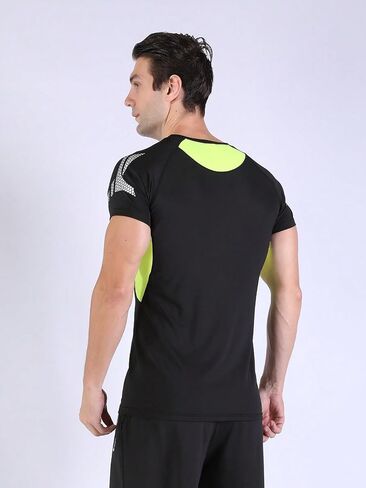 Men's Black & Neon Green Panel Athletic Fitted Short - Sleeve T - Shirt (Fitness Workout Tee) in Saudi Arabia