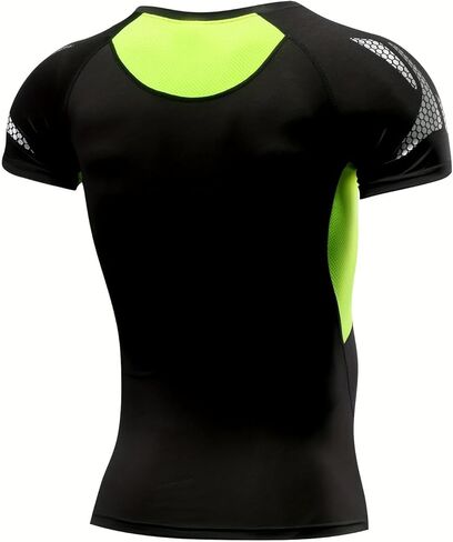 Men's Black & Neon Green Panel Athletic Fitted Short - Sleeve T - Shirt (Fitness Workout Tee) in Saudi Arabia