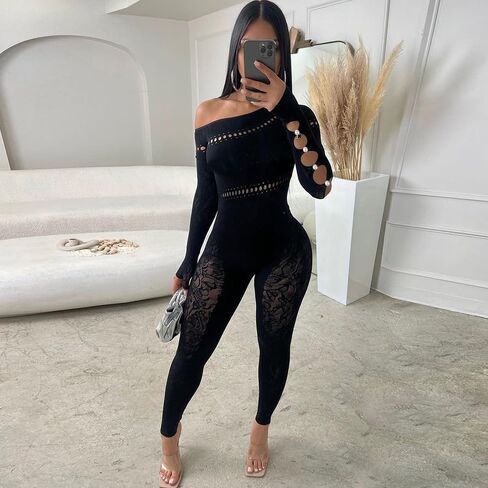 Long Sleeve Jumpsuit for Women, Sexy Mesh Jumpsuit See Through Bodycon Romper Party Club in Saudi Arabia