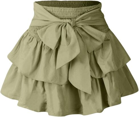 Women's Bow Front Mini Skirt High Shirred Waist Layered Ruffle Hem Short Cake Skirts in Saudi Arabia
