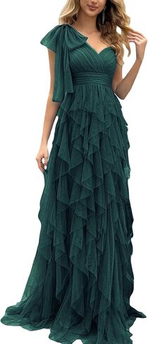 فستان نسائي صيفي من VOUIAO للحفلات الراقصة من التل أنيق بفيونكة بكتف واحد وحفلات السهرة فستان طويل لوصيفة العروس وضيف الزفاف in Kuwait