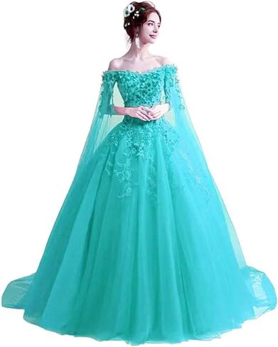WDBFY قبالة الكتف فساتين Quinceanera مع كيب منتفخ تول حفلة تنكرية فستاين سهرة/فساتين الحفلات زهور ثلاثية الأبعاد فستان الزفاف القوطي in Saudi Arabia