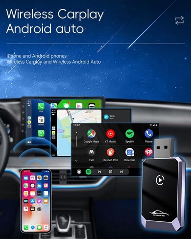 محول CarPlay اللاسلكي لـ iPhone iOS10+ / Android11+ ، 2-in-1 Apple Carplay & Android Auto Adapter مع كابل التمديد USB-A & USB-C ، التحكم المستقر لا يوجد تأخير متوافق مع 1000+ طرازات سيارة (2016+) in Kuwait