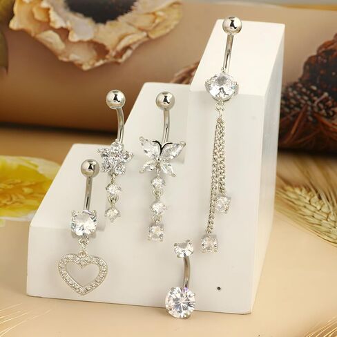مجموعة واحدة فضية مع زركون 1.6 مم (14 جرام) زهرة طويلة وقلب متدلي على شكل زر حلقة ثقب للنساء مجوهرات ثقب الجسم مشبك هيبوالرجينيك من الفولاذ المقاوم للصدأ من التيتانيوم 10 مم in Kuwait