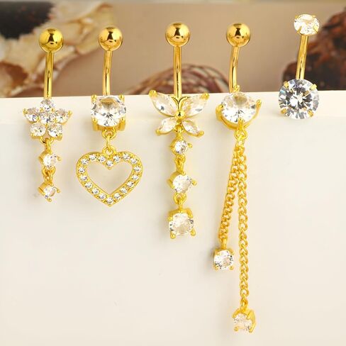 مجموعة واحدة فضية مع زركون 1.6 مم (14 جرام) زهرة طويلة وقلب متدلي على شكل زر حلقة ثقب للنساء مجوهرات ثقب الجسم مشبك هيبوالرجينيك من الفولاذ المقاوم للصدأ من التيتانيوم 10 مم in Kuwait