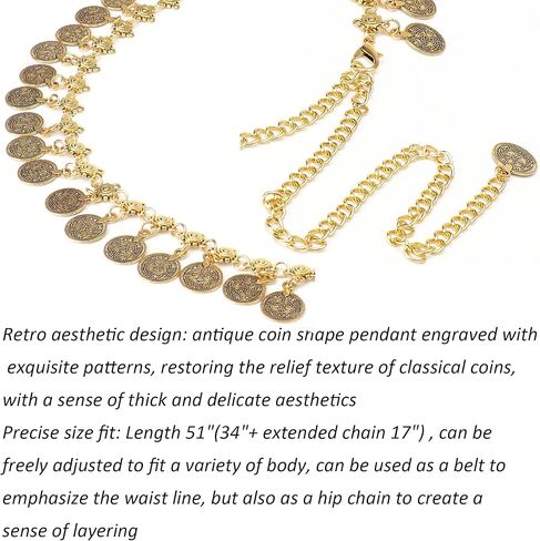 UTOWO Women Waist Chain Gold Coin Belt Body Chain Metal Link Multilayer Pendant Waist Belt for Prom Party Festival in Saudi Arabia