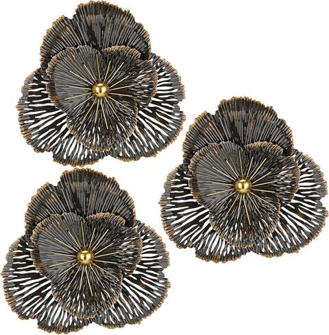 DILATATA 3 Pcs Metal Flower Wall Art Set 10 Inch Rustic Modern Floral Sculpture 3D Metal Flower Wall Hanging Accent for Indoor Living Room Bedroom Kitchen Bathroom Garden Patio Decor - Gold in Kuwait