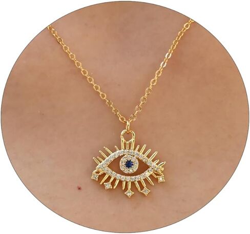 Dainty Gold Necklace for Women Non Tarnish - Waterproof 18K Gold Evil Eye Cross Heart Leaf Pendant Necklace, Cute Pearl CZ Diamond Choker Necklaces Trendy Jewelry for Women Birthday Christmas Gift in Saudi Arabia