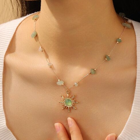 18K Gold Plated Necklace for Women Adjustable Link Gold Chain with Crystal Sun Pendant Necklace Summer Jewelry Purple & Green Stone Crystal Choker Healing Non Tarnish Birthday Gifts Trendy Jewelry in Saudi Arabia