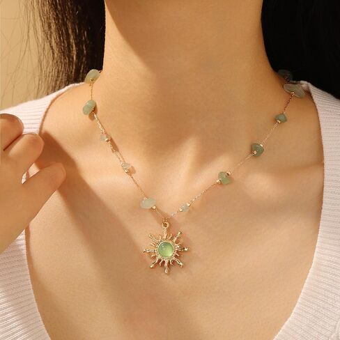 18K Gold Plated Necklace for Women Adjustable Link Gold Chain with Crystal Sun Pendant Necklace Summer Jewelry Purple & Green Stone Crystal Choker Healing Non Tarnish Birthday Gifts Trendy Jewelry in Saudi Arabia